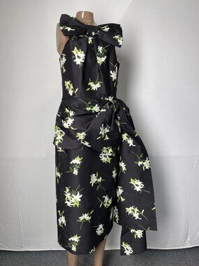Shushu/Tong Womens Midi Dress Black Size 4 Big Bow Pleated Floral
